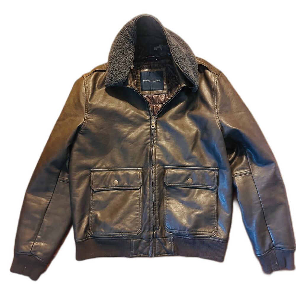 Tommy Hifilger Black Naked Leather Flight Gothic Moto Bomber Fur Collar Jacket M